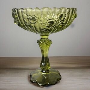 UV Reactive Fenton Cabbage Rose Colonial Green Pedestal Dish Compote 7.5”